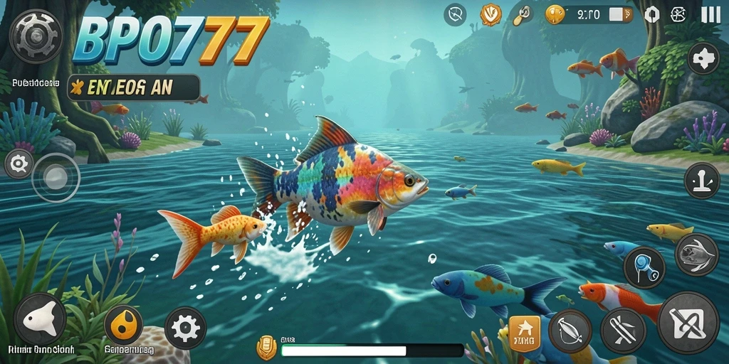 Tampilan gameplay BPO777 saat menangkap ikan di laut yang indah.