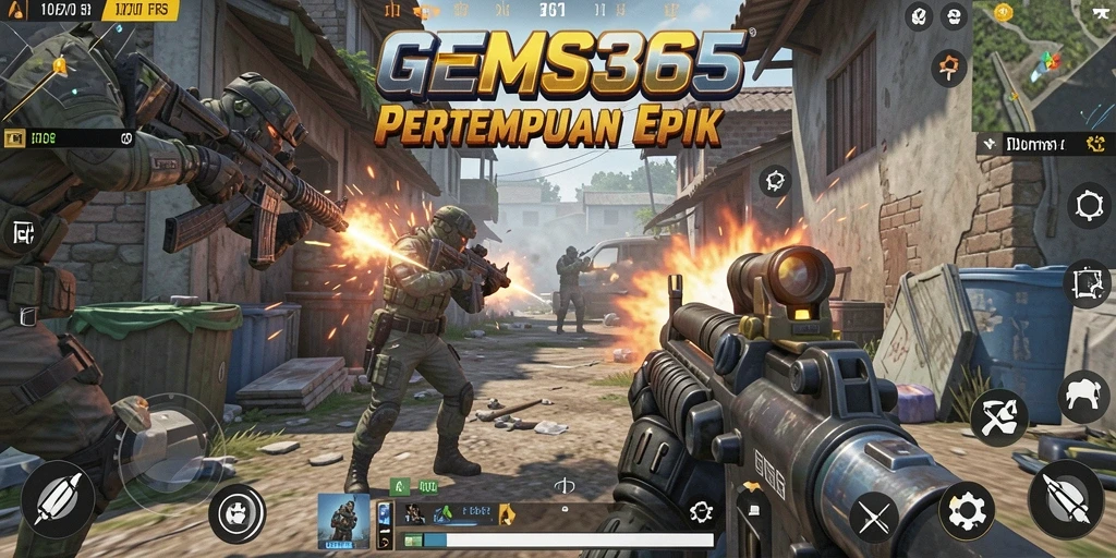 Tangkapan layar utama GEMS365 menampilkan aksi tembak-menembak yang seru.