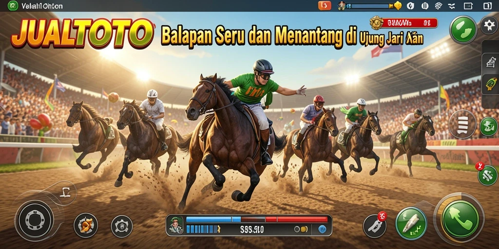 Screenshot JUALTOTO menampilkan aksi balapan seru dengan mobil yang melaju kencang.