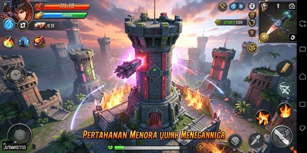 Cuplikan gameplay yang menunjukkan aksi menara yang mendebarkan di JUTAWANTOTO.