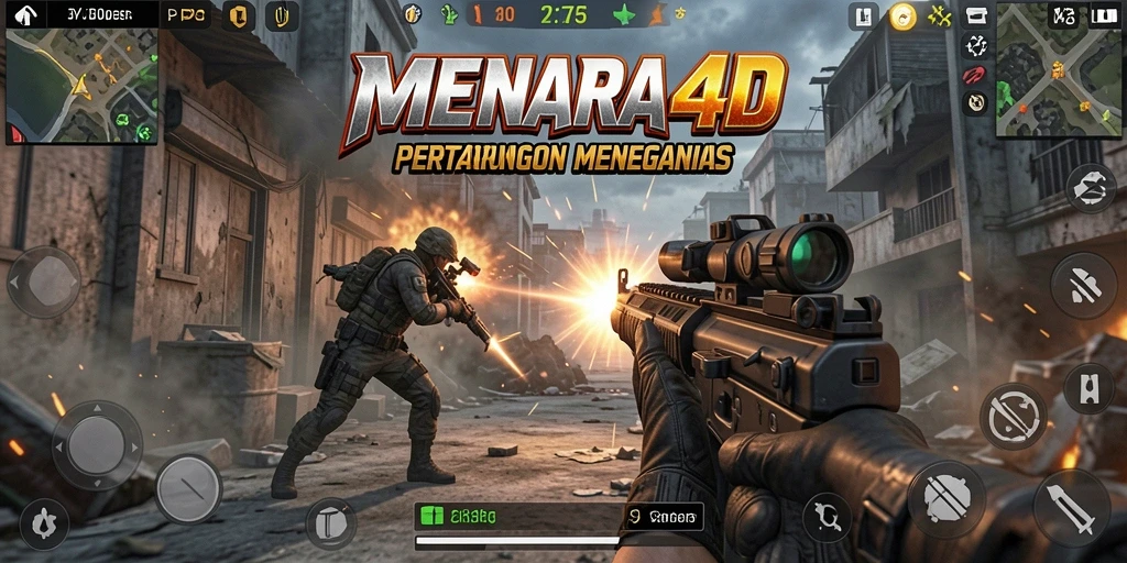 Screenshot MENARA4D menampilkan aksi seru dalam pertempuran FPS.
