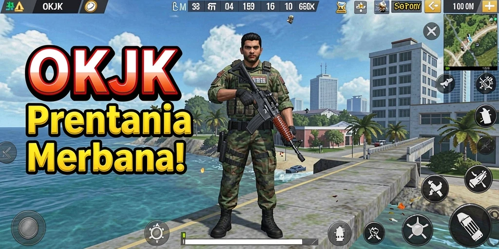 Tampilan gameplay OKJK menampilkan menara berjuang melawan gelombang musuh yang datang.
